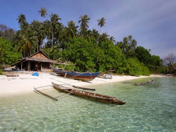 A fisherman's beach hut on the south side of Wunga Island Lagoon off the west coast of Nias Island, Indonesia